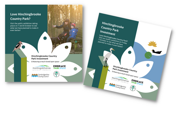 Example of social media posts promoting the public exhibition about the Hinchingbrooke Country Park Investment programme